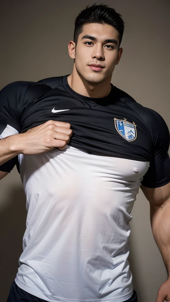 Male, handsome, young, (((gigantic pecs:1.3))), ((tight shirt:1.2)), soccer player, cheerful face