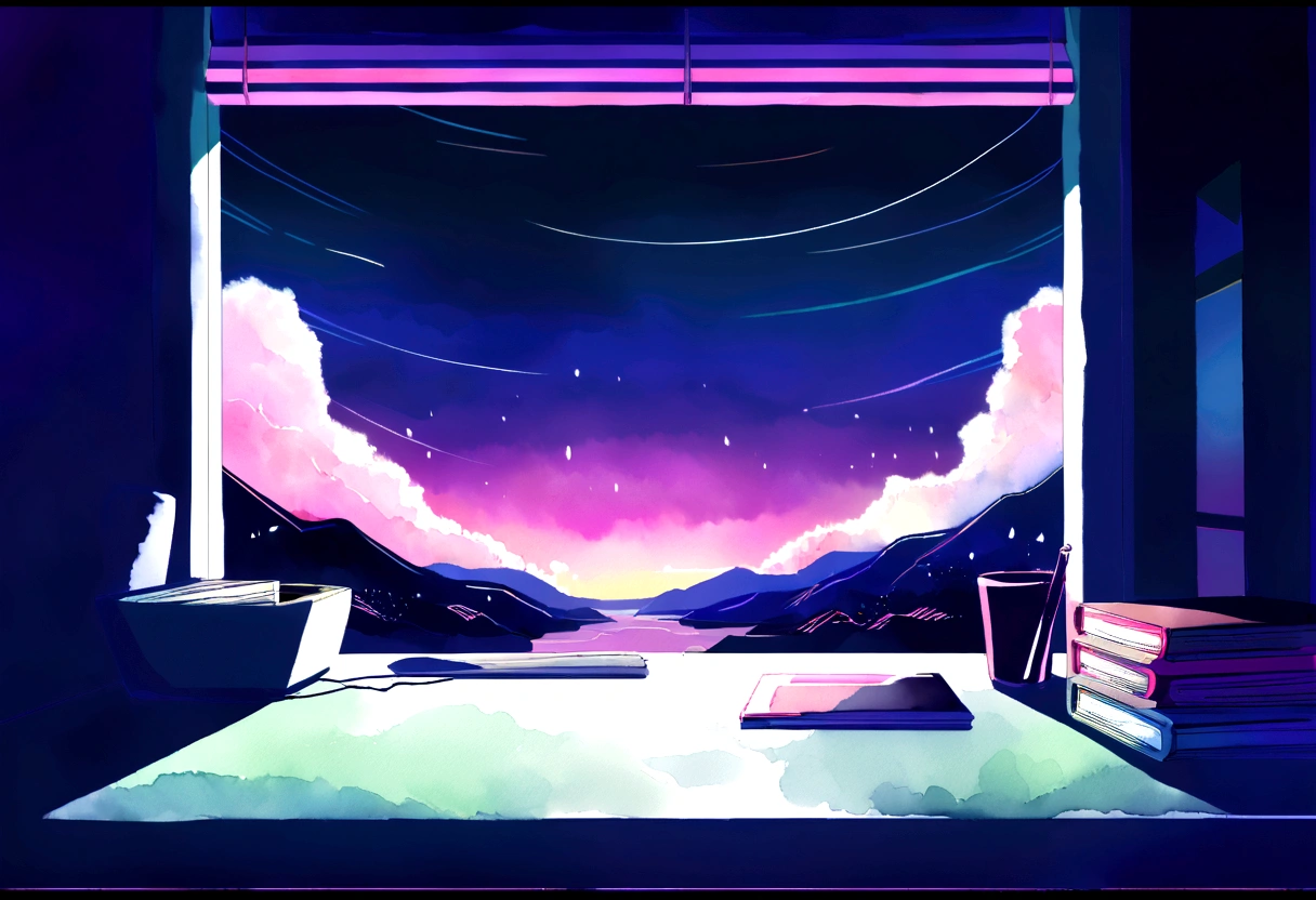 (commend), 一只在书On the table认真学习的熊, Put on your headphones, Night Light, Rainy day neon landscape outside the window,Analog color theme, Lo-fi hip-hop , flat, 2.5D ,Line Drawing, Ink Painting, Large gradients, Watercolor, Gush color, Colorful, Outcome, Synthwave, commend art,90s style,Old Texture, amplitude,90s atmosphere, On the table, huge skills
