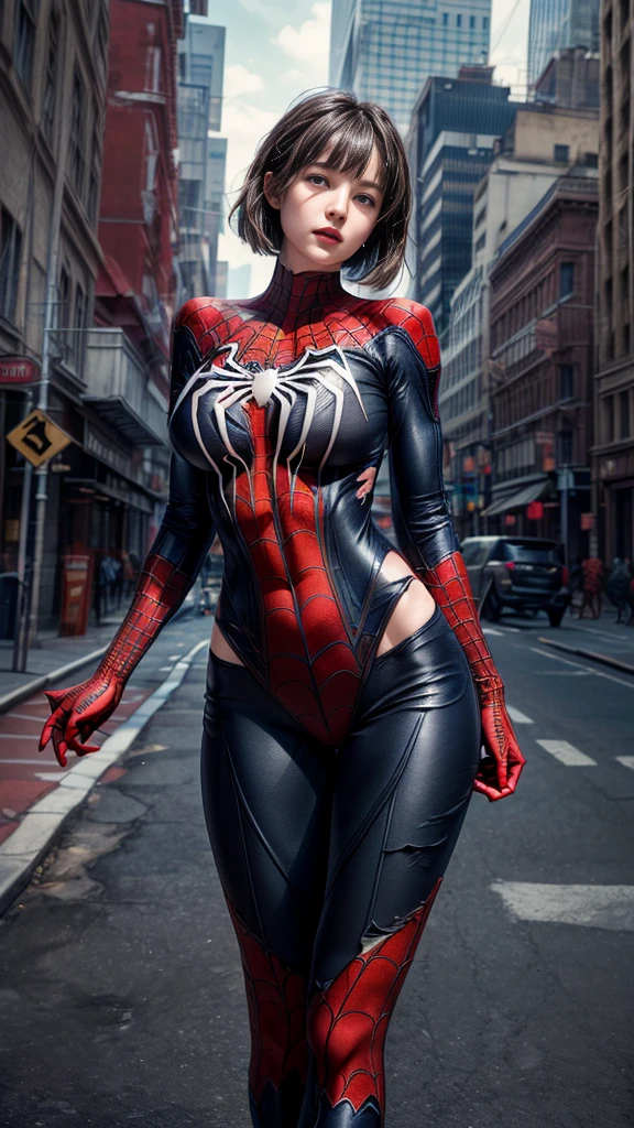 nsfw:1.55、((Cowboy Shot))、smile、Mature Woman、(masterpiece, Highest quality), Intricate details, 8K, 1 Girl,((blunt bangs))、 Black Hair,((Spiderman Suit)),Skyscraper, city, building,street,((Delicate painting)),(Detailed RAW photos of girls), (Pieces fly:1.25), (Highest quality:1.6), (Ultra-high resolution:1.5), (Photorealistic:1.75), 8K resolution, Canon EOS R5, 50mm, Confused, Very detailed,Cinema Lighting、(((Super big breasts)))、Leg spread、The abdomen is visible、((Separate suits))、Spider knee-high socks、Sexy pose、spiderman bikini、(((Ripped and tattered suit:1.1)))