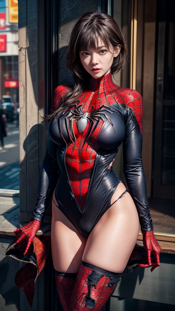 nsfw:1.55、((Cowboy Shot))、smile、Mature Woman、(masterpiece, Highest quality), Intricate details, 8K, 1 Girl,((blunt bangs))、 Black Hair,((Spiderman Suit)),Skyscraper, city, building,street,((Delicate painting))，(Detailed RAW photos of girls), (Pieces fly:1.25), (Highest quality:1.6), (Ultra-high resolution:1.5), (Photorealistic:1.75), 8K resolution, Canon EOS R5, 50mm, Confused, Very detailed,Cinema Lighting、(((Super big breasts)))、Leg spread、The abdomen is visible、((Separate suits))、Spider knee-high socks、Sexy pose、spiderman bikini、(((Ripped and tattered suit:1.1)))