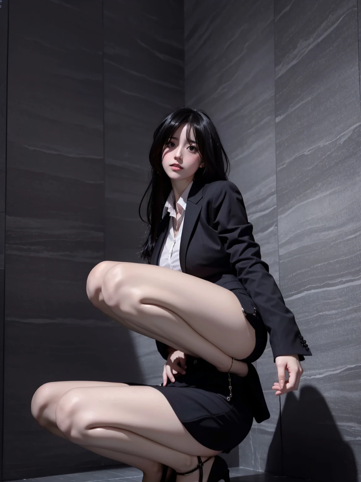 A sultry and intimate portrait of a woman wearing a dark red lingerie and panty is visible,from below, upper-class, elite secretary in a business shirt, , Wear high-quality high heels , Girl in a shirt, wearing a business suit, wearing a business suit,( squatting),Businesswoman, Business Attire, Wearing a black business suit, Wear a shirt and skirt, Wearing a business suit woman, business suit, business attire, RAW Photos, (8K, Highest quality, masterpiece:1.2), (Intricate details:1.4), (Photorealistic:1.4), Octane Rendering, Complex 3D rendering with ultra-detail, Studio Soft Light , Rim Light, Vivid details, Super Detail, Realistic skin texture, Detailed aspect, Beautiful details in the eyes, Highly detailed CG Unity 16k wallpaper, compensate, (Detailed Background:1.2), Exposed panty,WhiteRealStockings