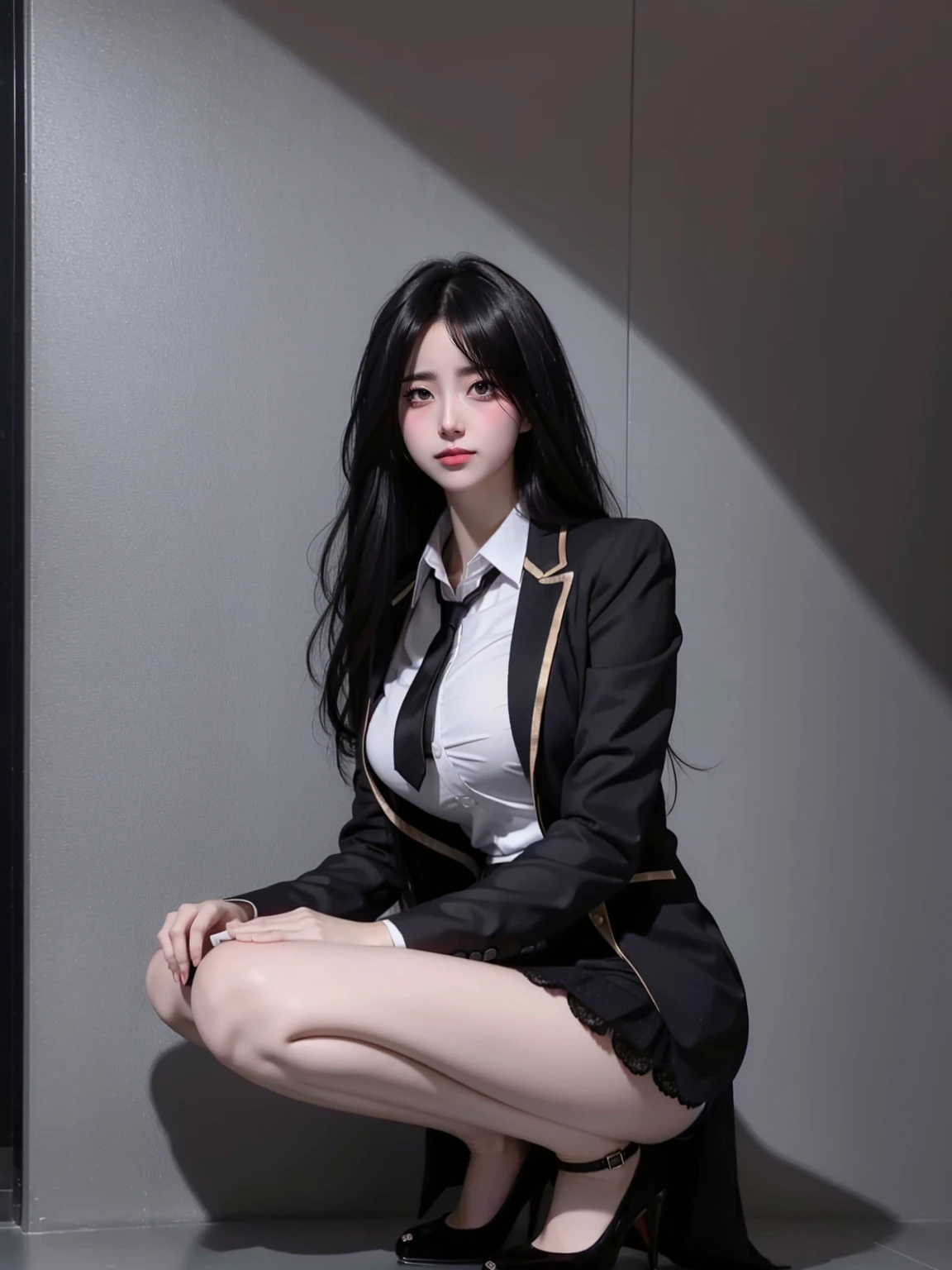 A sultry and intimate portrait of a woman wearing a dark red lingerie and panty is visible,from below, upper-class, elite secretary in a business shirt, , Wear high-quality high heels , Girl in a shirt, wearing a business suit, wearing a business suit,( squatting),Businesswoman, Business Attire, Wearing a black business suit, Wear a shirt and skirt, Wearing a business suit woman, business suit, business attire, RAW Photos, (8K, Highest quality, masterpiece:1.2), (Intricate details:1.4), (Photorealistic:1.4), Octane Rendering, Complex 3D rendering with ultra-detail, Studio Soft Light , Rim Light, Vivid details, Super Detail, Realistic skin texture, Detailed aspect, Beautiful details in the eyes, Highly detailed CG Unity 16k wallpaper, compensate, (Detailed Background:1.2), Exposed panty,WhiteRealStockings