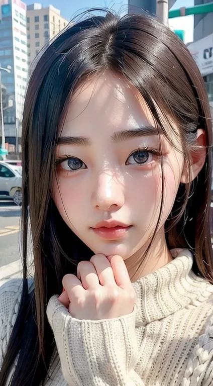 {{Beautiful and detailed eyes},
Detailed face, detailed eyes, thin face, real hands, cute Korean girlfriend 18 year old girl, perfect model body, big breasts, looking at camera, dynamic pose, virginity killing sweater, urban, oily hair