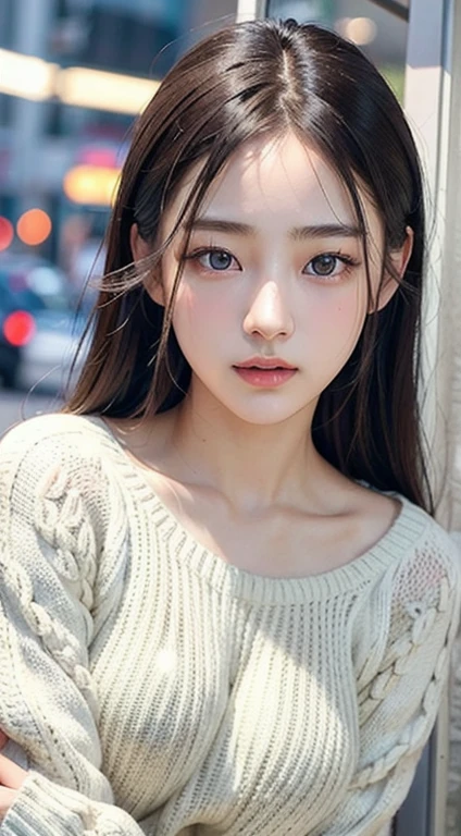 {{Beautiful and detailed eyes},
Detailed face, detailed eyes, thin face, real hands, cute Korean girlfriend 18 year old girl, perfect model body, big breasts, looking at camera, dynamic pose, virginity killing sweater, urban, oily hair
