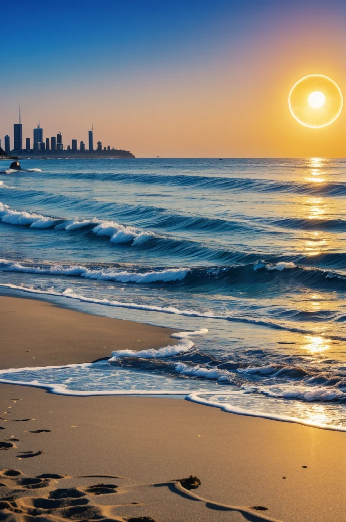 Beach and sun and moon Infront city 
Wallpaper 16.9 size