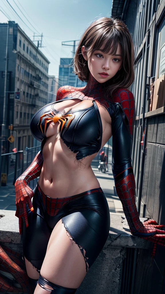 nsfw:1.55、((Cowboy Shot))、 Woman、(masterpiece, Highest quality), Intricate details, 8K, 1 Girl,((blunt bangs))、 Black Hair,((Spiderman Suit)),Skyscraper, city, building,street,((Delicate painting)),(Detailed RAW photos of girls), (Pieces fly:1.25), (Highest quality:1.6), (Ultra-high resolution:1.5), (Photorealistic:1.75), 8K resolution, Canon EOS R5, 50mm, Confused, Very detailed,Cinema Lighting、(((Super big brg spread、The abdomen is visible、((Separate suits))、Spider knee-high socks、Sexy pose、spidermbikini、(((Ripped and tattered suit:1.1)))