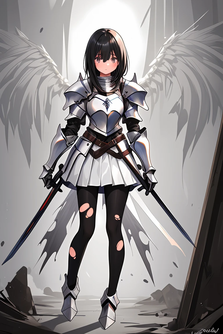 female knight　Black Hair　Torn white skirt　armor　Black Pantyhose