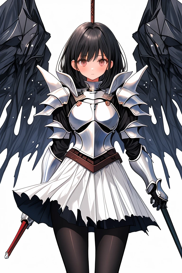 female knight　Black Hair　Torn white skirt　armor　Black Pantyhose