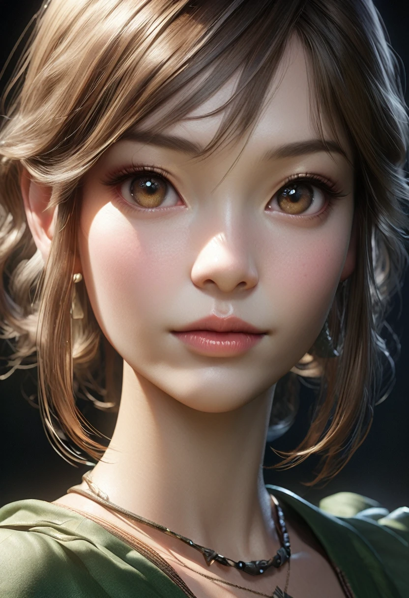 Close-up of woman in green dress and necklace, work in Guweiz style, realistic anime 3D style, beautiful anime portrait, anime style realism, detailed portrait of an anime girl, beautiful drawing of the characters, Ian J., stunning anime face portrait, realistic anime style, Portrait of an anime girl, beautiful anime style