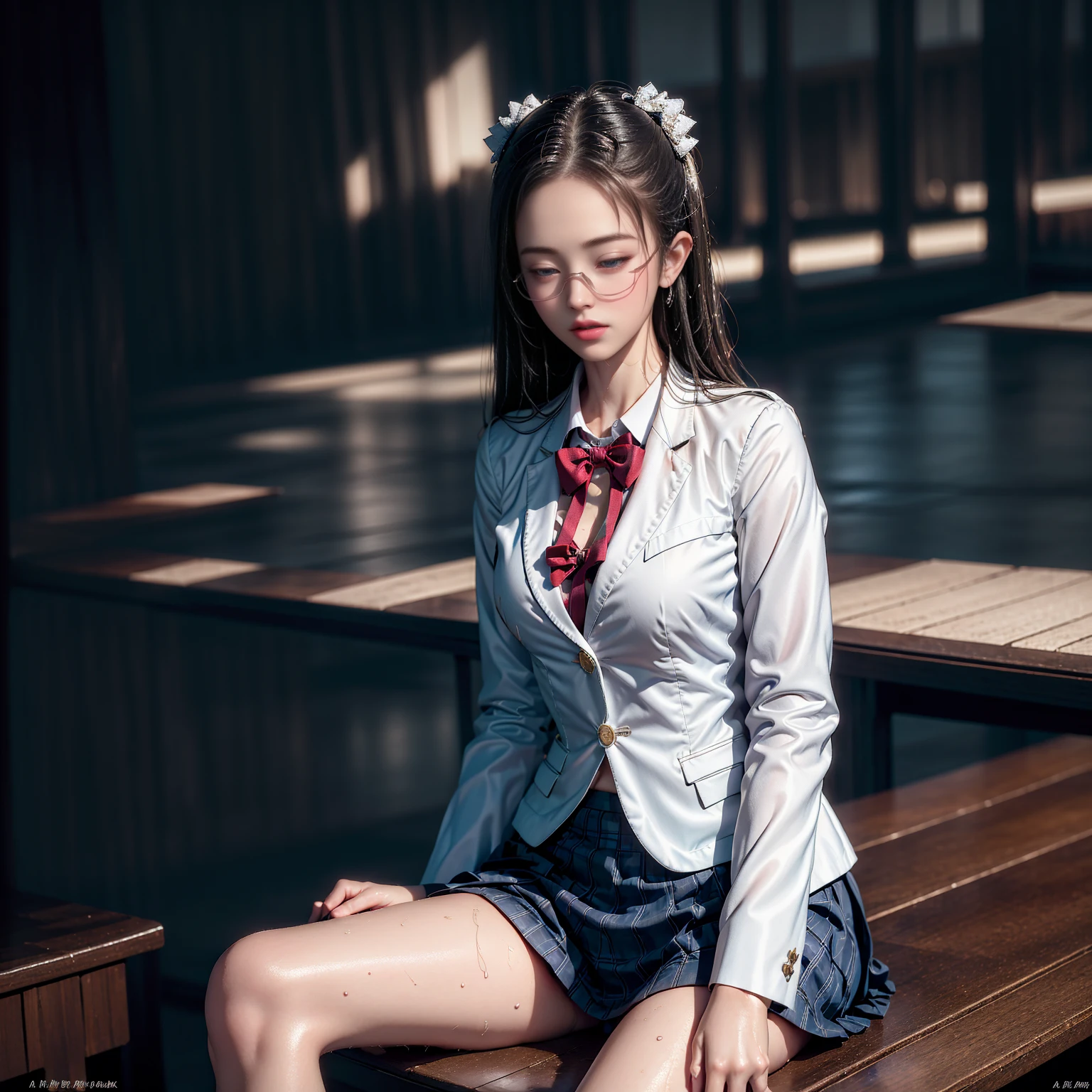 （A girl sitting on a park bench after the rain）、Highest qualityの作品、Actual work、Ultra Premium Graphics、8K HD CG Works、High quality graphics、High-definition CG works、10x pixels、Very fineディテール：1.1、Advanced technical details：1.1 Photorealistic、Natural light：1.5、（Virtual Lighting Effects：1.8），Long silver hair（（Eyes closed）），Thin eyebrows，High nose，Clean red lips，Rose Cheeks，Subtle makeup face，Cute face，Perfectly balanced face，（Girl），A light-toned foundation enhances the clarity of your skin.。 ((high school girl)),((Wet white blazer)),((Translucent wet white blouse、Red bow tie、Navy blue checked skirt)). 40k, photograph, Tabletop, Highest quality, Rain Background, ((ゴージャス濡れた明るい髪Girl1人、She has a beautiful face and、Wear glasses, ))。White skin, Mr.々A pose. ((Medium sized chest,:1.1)), Highest quality, Tabletop, Ultra-high resolution, (Real:1.4), RAWphotograph, (Perfect figure), (slim:1.3), slimな腹部, 完璧なslim体型, Dynamic Pose, (((Large :0. 9)), on its own, Cold light source 12000K, 顔と肌の質感がVery fine, Fine grain, Realな目, Fine grain子が美しい, (Real肌), charm, Ultra-high resolution, Surreal, Very fine, ((She&#39;s wet))、

DeepL.featuring（Free version）Translated by。