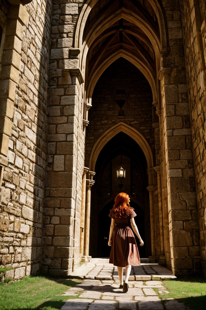 Redhead girl entering a castle 
