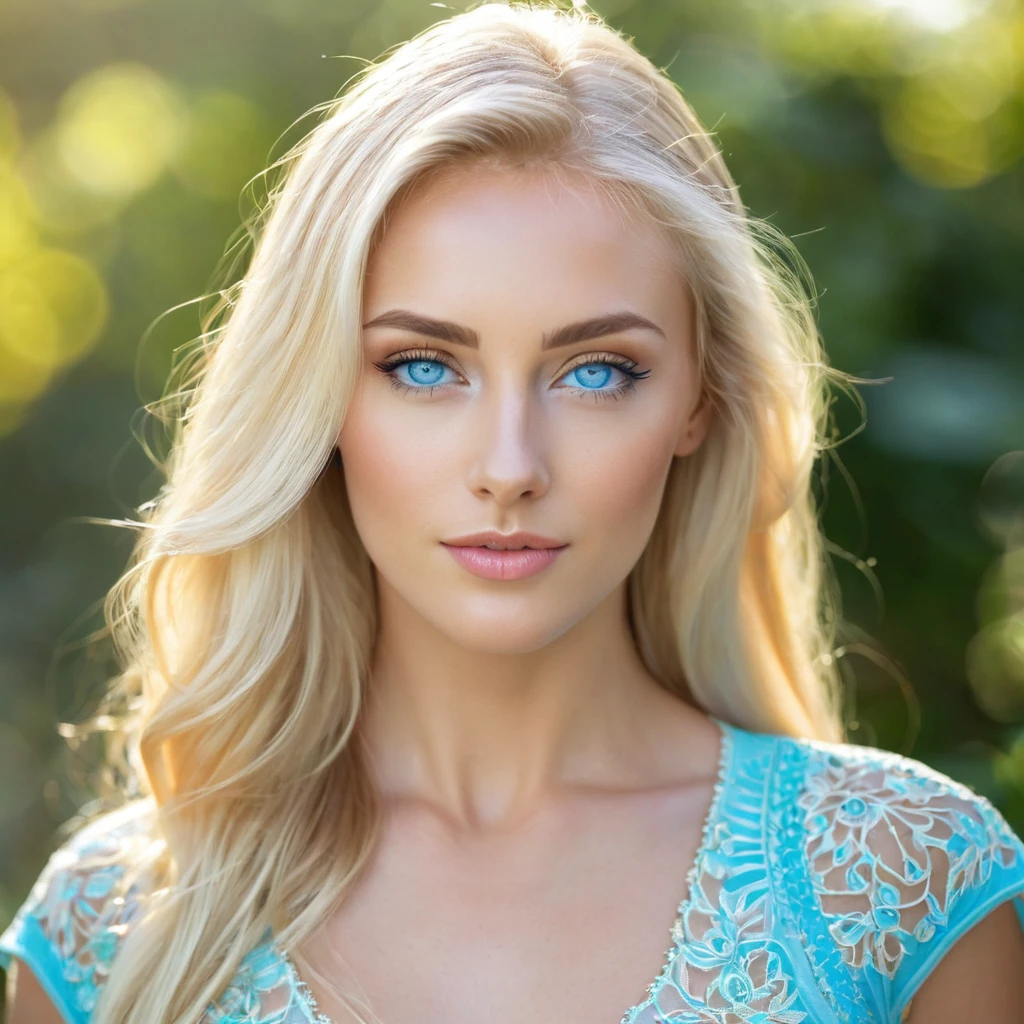 Make a beautiful blonde woman, with light blue eyes, Pele caucasiana, her face is slightly reflected by the sun&#39;lightning comes through the window(1.2), make a portrait from the torso up(1.4), She is a beautiful girl, photorrealistic(1.4), 4K.