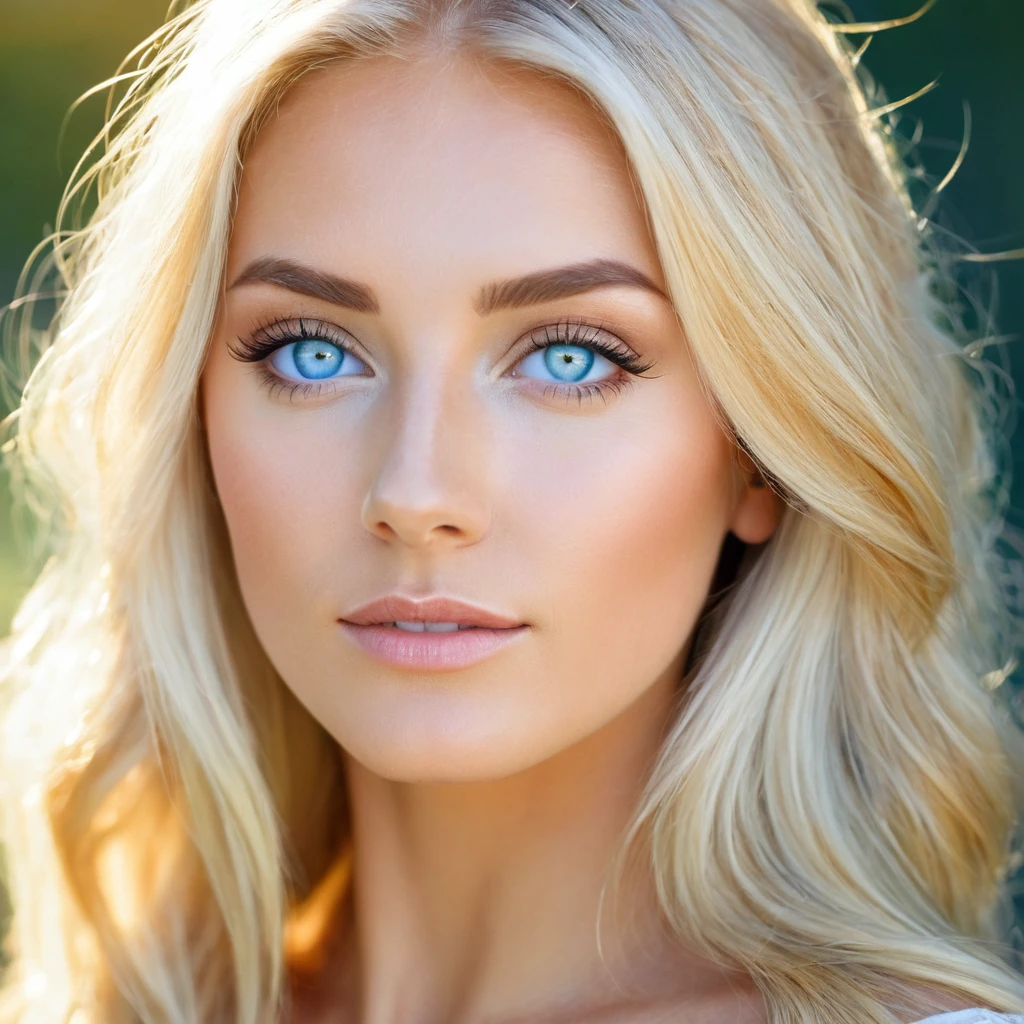 Make a beautiful blonde woman, with light blue eyes, Pele caucasiana, her face is slightly reflected by the sun&#39;lightning comes through the window(1.2), make a portrait from the torso up(1.4), She is a beautiful girl, photorrealistic(1.4), 4K.
