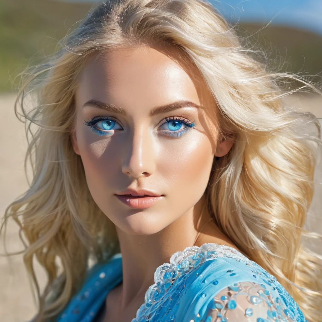 Make a beautiful blonde woman, with light blue eyes, Pele caucasiana, her face is slightly reflected by the sun&#39;lightning comes through the window(1.2), make a portrait from the torso up(1.4), She is a beautiful girl, photorrealistic(1.4), 4K.