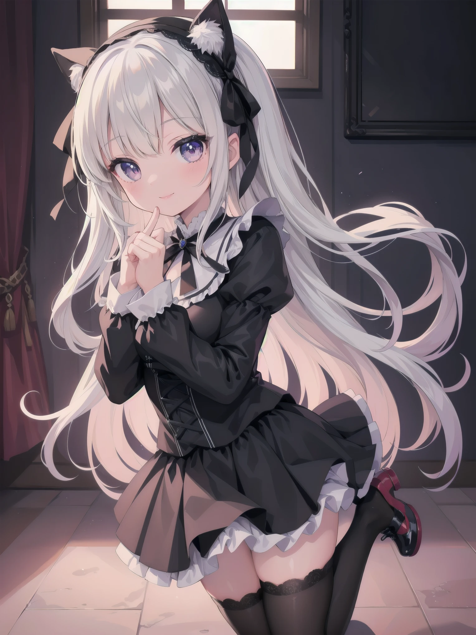 Masterpiece, Details, Solo, 1 Girl, Middle School Girl, Slender, , Fluffy Girlishly Cute and Stylish Attire, Fururu, Lace, Gothic Lolita Dress, Hair Ribbon, Smile, Black Tights, Cute Underwear, Stylish Hair, Big Eyes, Full Lips, White Catsuit, Princess Shoes, Beauty Legs, hair ribbon, hair band, pleated skirt, stirring motion, staring at you on date, sharp focus, perfect face, detailed face and eyes, dynamic, lively, shadows, colorful, mysterious, movie lighting, cute pose for model shoot