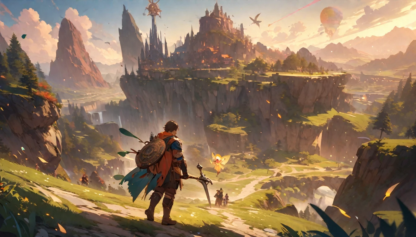 (masterpiece:1.4), (Highest quality:1.4), Very detailed, Complex, Very detailed, shape,Soft lighting, Scenic, More than one personで走り出そうとしている, Hopeful Face, smile, More than one person, Mixed gender, a group of adventurers, character from RPG games, (character: human, Fairy, Fairy, Dwarf, The Hobbit), (exterior: Swordsman Style, Shaman Style, Monk Style, Magician style), (belongings: Long sword, dagger, Holy Staff, Magic wand, shield, metal armor, Leather Armor), Perfectly accurate anatomical shape、All limbs intact、Perfect full finger, Colorful characters, A landscape colored in earth tones, Huge, Majestic, Running towards tomorrow々, Uplifting expressions, みんなのsmileが素晴らしい.
