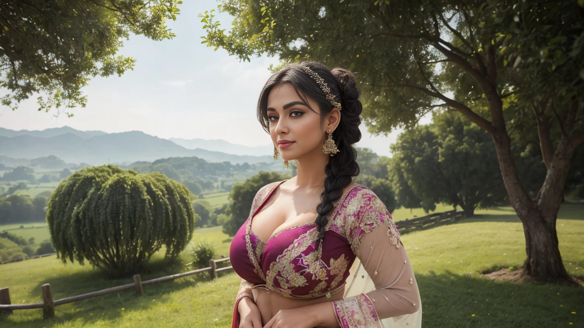 (((((((A)))))))half body of confident-looking Bangladesh woman with long and thick hair, (masterpiece, best quality:1.2), ((((((solo)))))), ((((((1girl)))))), ((looking at camera)), hazel eyes, a smile on the face, royal and lusty look, standing posing like a professional model for a photoshoot, (((Huge Boobs))), perfect composition and light, hyper realistic skin texture, super background decorations detailed, 8k, high quality, trending art, trending on art station, photo, intricate details, highly detailed, ((((Cropped Breast Wear)))), (((Meadows Hills background)))), (((wearing a bright colour Saree with designs and patterns with sleeves))), (((((big sexy body shape))))), (((Meadows Hills background behind her))), (((Portrait Fashion Photo))), hair bobbles, wince, solid circle eyes, light smile, ear blush, fang, ccurate, makeup, hairband, dark blue hair, (double bun hair with braid), Surrealism, drop shadow, anaglyph, stereogram, tachi-e, pov, atmospheric perspective, glowing light, backlighting, ray tracing, image fill, anaglyph, stereogram, scanlines, speed lines, silhouette, vignetting, 8k, super detail, best quality, fill background with nature, trees, flowers,