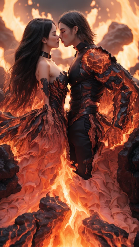 masterpiece，Highest quality，Rich in details，high resolution，flame/fiery的焰/flame，Dynamic Scene Scale 1.3，Romantic couple kissing in the fire，Firestorm，on fire，Bizarre fantasy image，Excellent skin texture，Magic Circle，Casting a Spell，strange，紫色strength，strength，fiery，meteor。