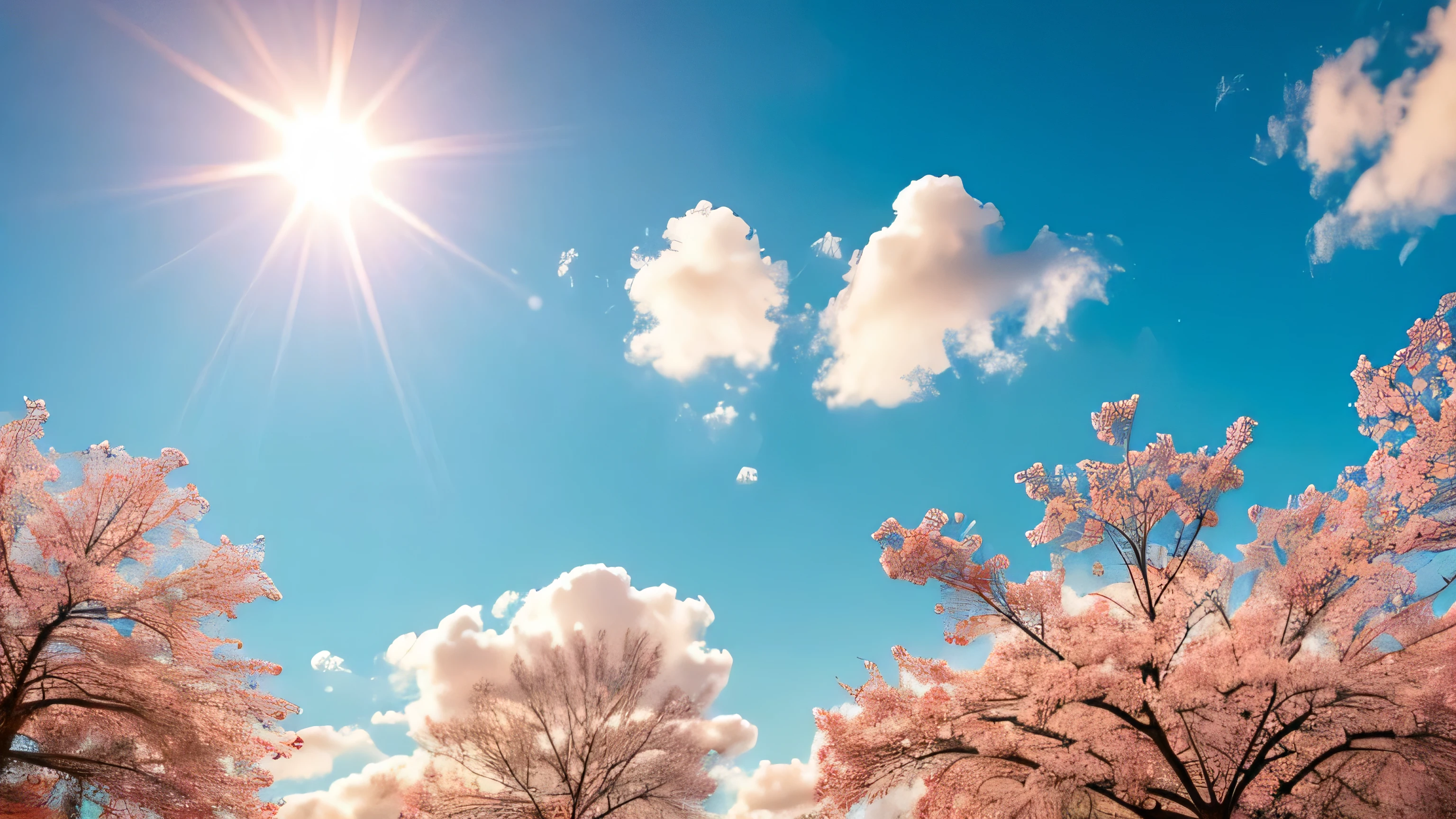 Under the expanse of blue sky, Vibrant flowers reach out towards the sun, Pink and white petals open. When the golden sun begins to rise、Fluffy clouds float leisurely in the background, Casting a warm glow on the tranquil landscape. This great photo is、It captures the essence of a serene morning., Where nature awakens in a symphony of color and light. Crisp and vivid details, Inviting viewers to immerse themselves in the beauty of the beginning of a new day.