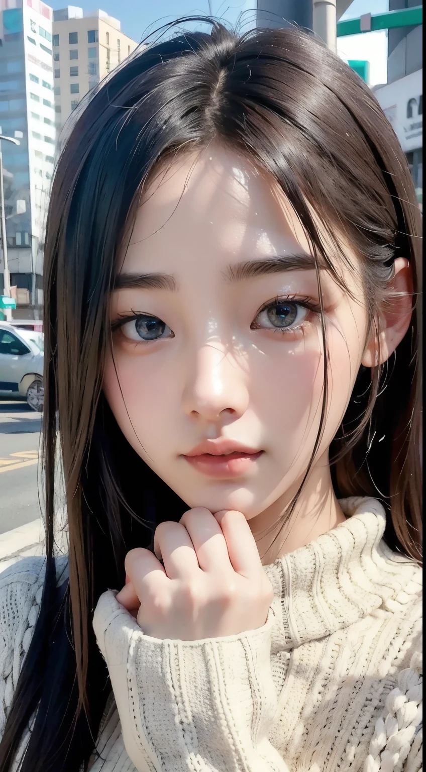 {{Beautiful and detailed eyes},
Detailed face, detailed eyes, thin face, real hands, cute Korean girlfriend 18 year old girl, perfect model body, big breasts, looking at camera, dynamic pose, virginity killing sweater, urban, oily hair