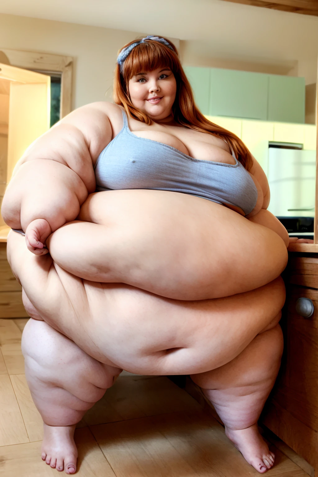 Foto RAW, Nordic Face, Looks like Gemma Arterton, Highly detailed CG Unity 8k wallpaper, top quality, super detailed, masterpiece, realistic, photo realistic, very detailed cute girl, 45 years old, ((ussbbw lady:1.3)) , large ,big double belly, cleavagund eyes, viewer, double chin,fattest face, smile, parted lips, half body shot , sitting,naked apron , kn , bangs , shoot from the front,(pele altamente detalhada: 1.2), 8k UHD, DSLR, soft-lighting, alta qualidade, grain of film, Fujifilm XT3
