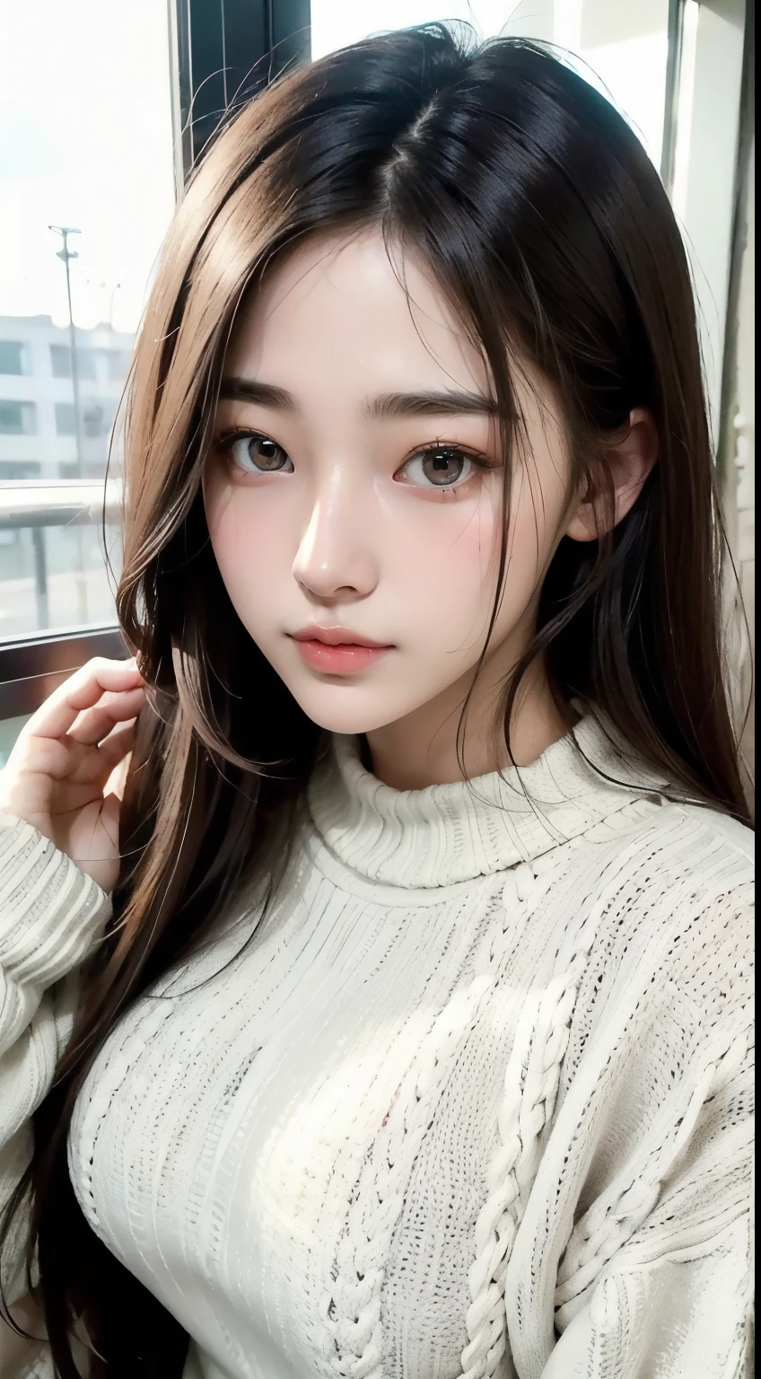 {{Beautiful and detailed eyes},
Detailed face, detailed eyes, thin face, real hands, cute Korean girlfriend 18 year old girl, perfect model body, big breasts, looking at camera, dynamic pose, virginity killing sweater, urban, oily hair