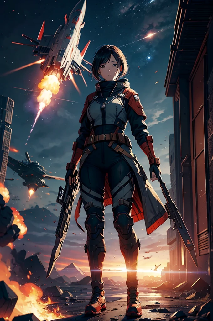 War, hero, A female warrior from the waist up looking straight ahead, future, flame, spaceship floating in the sky, missile, propeller, dozens of soldiers with weapons, future의 도시, Fourth Dimension
