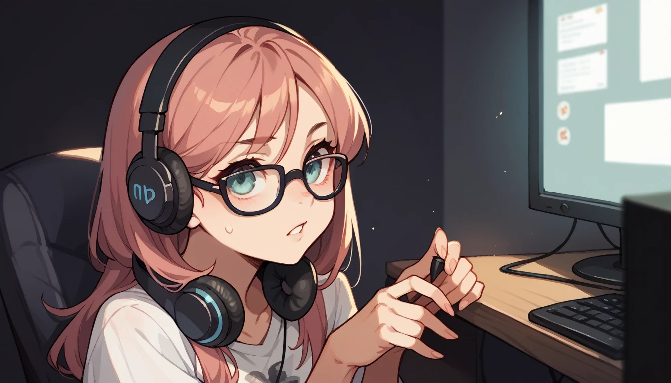 In a dark room、Girl in headphones looking at the monitor、Wear glasses