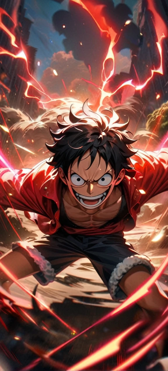 High quality, ,absurdres, highres, ultra detailed, HDR, masterpiece, extremely detailed face and eyes, Luffy , One Piece,, Black hair ,red shirt, solo, ,man, handsome, ,, Epic fight scene, red splashing effect,red lightning effect,glowing glitters , full effect, symetrical