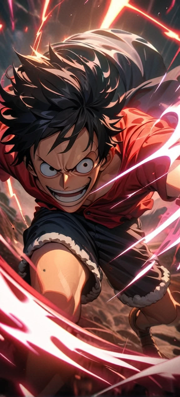 High quality, ,absurdres, highres, ultra detailed, HDR, masterpiece, extremely detailed face and eyes, Luffy , One Piece,, Black hair ,red shirt, solo, ,man, handsome, ,, Epic fight scene, red splashing effect,red lightning effect,glowing glitters , full effect, symetrical