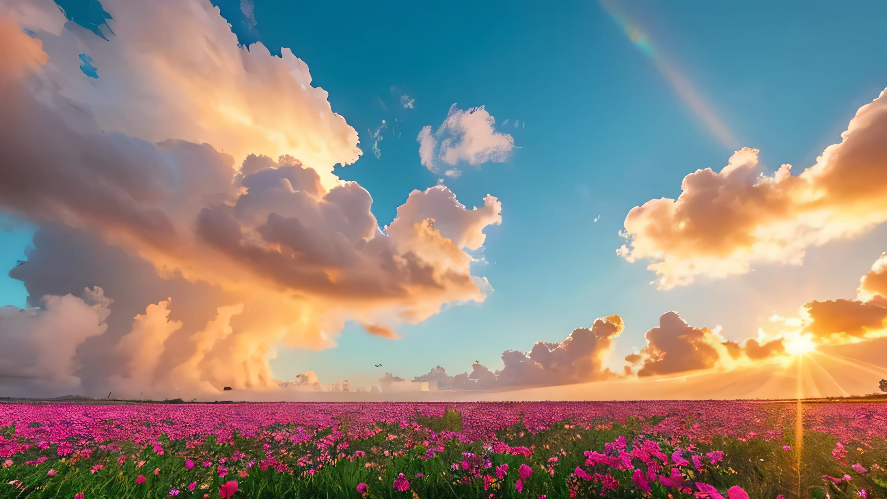 Under the expanse of blue sky, Vibrant flowers reach out towards the sun, Pink and white petals open. When the golden sun begins to rise、Fluffy clouds float leisurely in the background, Casting a warm glow on the tranquil landscape. This great photo is、It captures the essence of a serene morning., Where nature awakens in a symphony of color and light. Crisp and vivid details, Inviting viewers to immerse themselves in the beauty of the beginning of a new day.