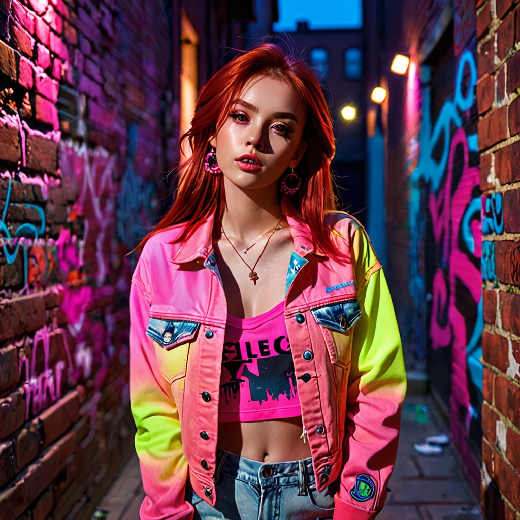 (masterpiece, best quality, 1 girl, solo, intricate details, chromatic aberration), realistic, ((medium breath)),long hair, red hair, red decoration on the head, pink highlights, amber eyes, earrings, sharp eyes, necklace, neon shirt, ripped shorts, unbuttoned jacket, turtleneck, night, against the wall, brick wall, graffiti, dim lighting, alley, look at the viewer