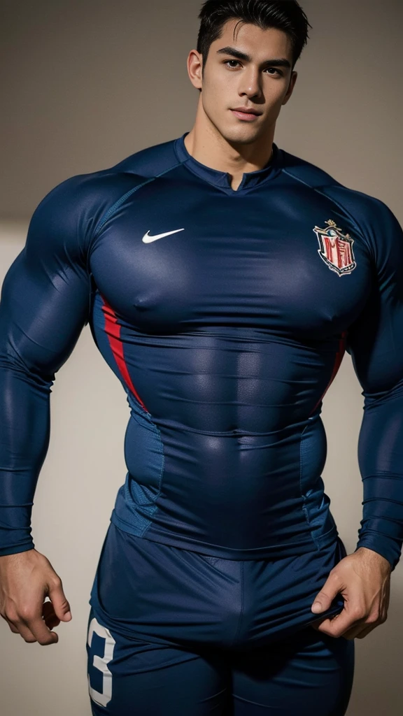 Male, handsome, young, (((gigantic pecs:1.3))), ((tight clothes:1.2)), soccer player, cheerful face