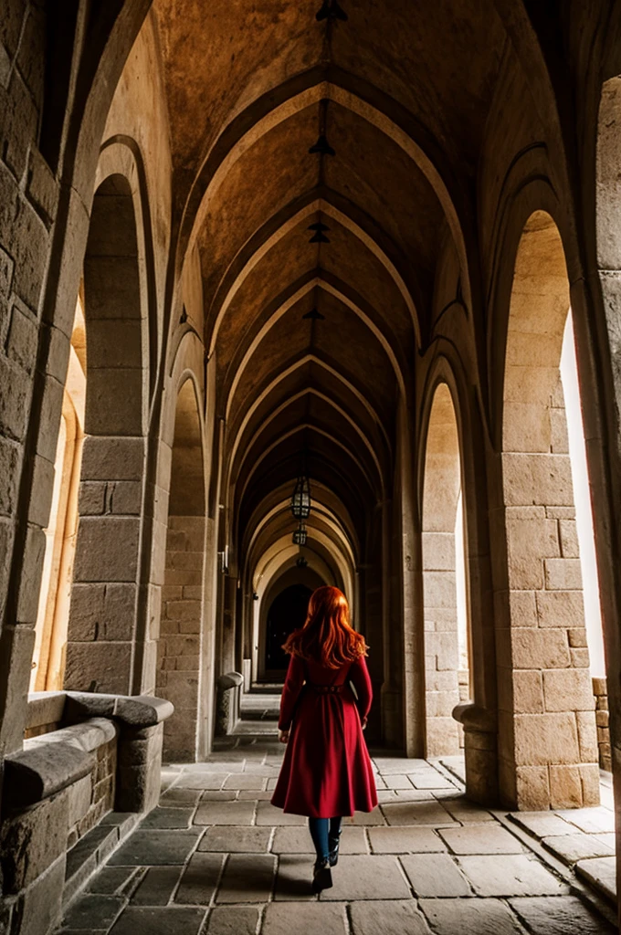 Red-haired girl entering a shiny castle 
