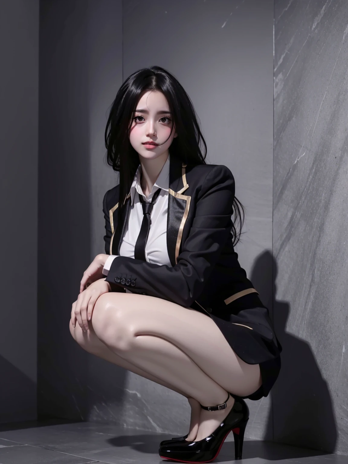 A sultry and intimate portrait of a woman wearing a dark red lingerie and panty is visible,from below, upper-class, elite secretary in a business shirt, , Wear high-quality high heels , Girl in a shirt, wearing a business suit, wearing a business suit,( squatting),Businesswoman, Business Attire, Wearing a black business suit, Wear a shirt and skirt, Wearing a business suit woman, business suit, business attire, RAW Photos, (8K, Highest quality, masterpiece:1.2), (Intricate details:1.4), (Photorealistic:1.4), Octane Rendering, Complex 3D rendering with ultra-detail, Studio Soft Light , Rim Light, Vivid details, Super Detail, Realistic skin texture, Detailed aspect, Beautiful details in the eyes, Highly detailed CG Unity 16k wallpaper, compensate, (Detailed Background:1.2), Exposed panty,WhiteRealStockings