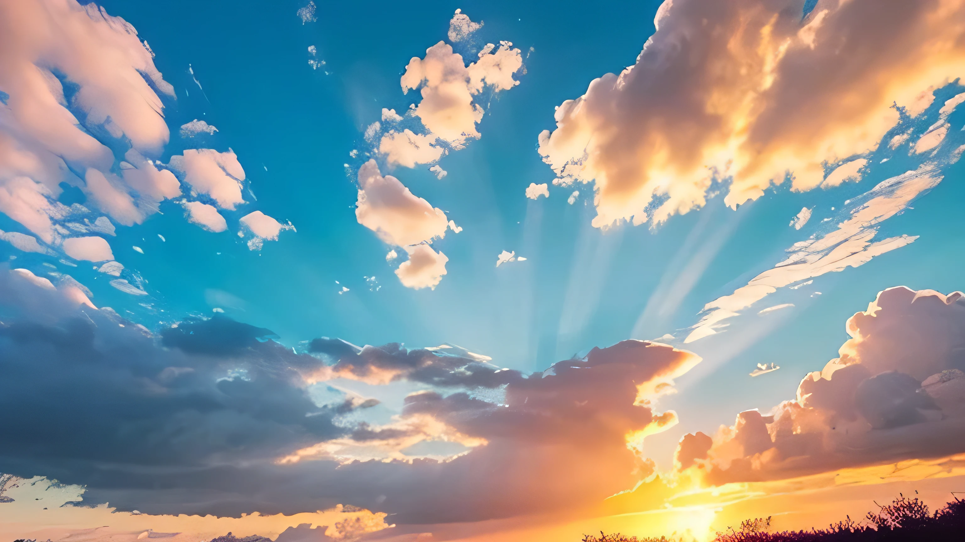 Under the expanse of blue sky, Vibrant flowers reach out towards the sun, Pink and white petals open. When the golden sun begins to rise、Fluffy clouds float leisurely in the background, Casting a warm glow on the tranquil landscape. This great photo is、It captures the essence of a serene morning., Where nature awakens in a symphony of color and light. Crisp and vivid details, Inviting viewers to immerse themselves in the beauty of the beginning of a new day.