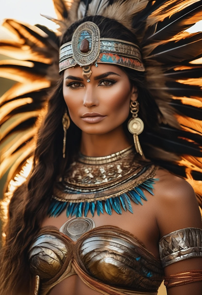 (((she is preparing for a war of tribes, she painted her entire body for that moment))), (full body shot) detailed, realistic Photo [1girl:1.5] [solo:1.5]. She is naked, beautiful alluring and delicate brave native noble (aztec warrior:1.2) and shaman [south american] with a [beautiful smile] standing in a clearing surrounded by tropical palms and a sunset. heroic posing. Perfect naked body but wearing some intricate and detailed traditional (aztec armor:1.2) with Feathered Ornaments, [Jaguar-Skin Cloak] and [warpaint]. She is [tall] with [big delicate breasts] and [delicate slim figure], this waist, wide hips, long skinny legs. Her [beautiful] [perfect] [highly detailed] long [cute face] looks very natural, wild and curly brown hair decorated with colorful feathers. [long defined chin], [high cheekbones], and a [nose with a slight upturn at the tip] Her [detailed upturned inquisitive eyes] looking straight to the camera [light blue eyes] with [thin small hard angled eyebrows] should have [black winged eyeliner] [long eyelashes] and [black eyeshadow]. Perfect symmetrical face, symmetrical eyes, sharp almond eyes, slim nose, sharp face. Gorgeous Face.