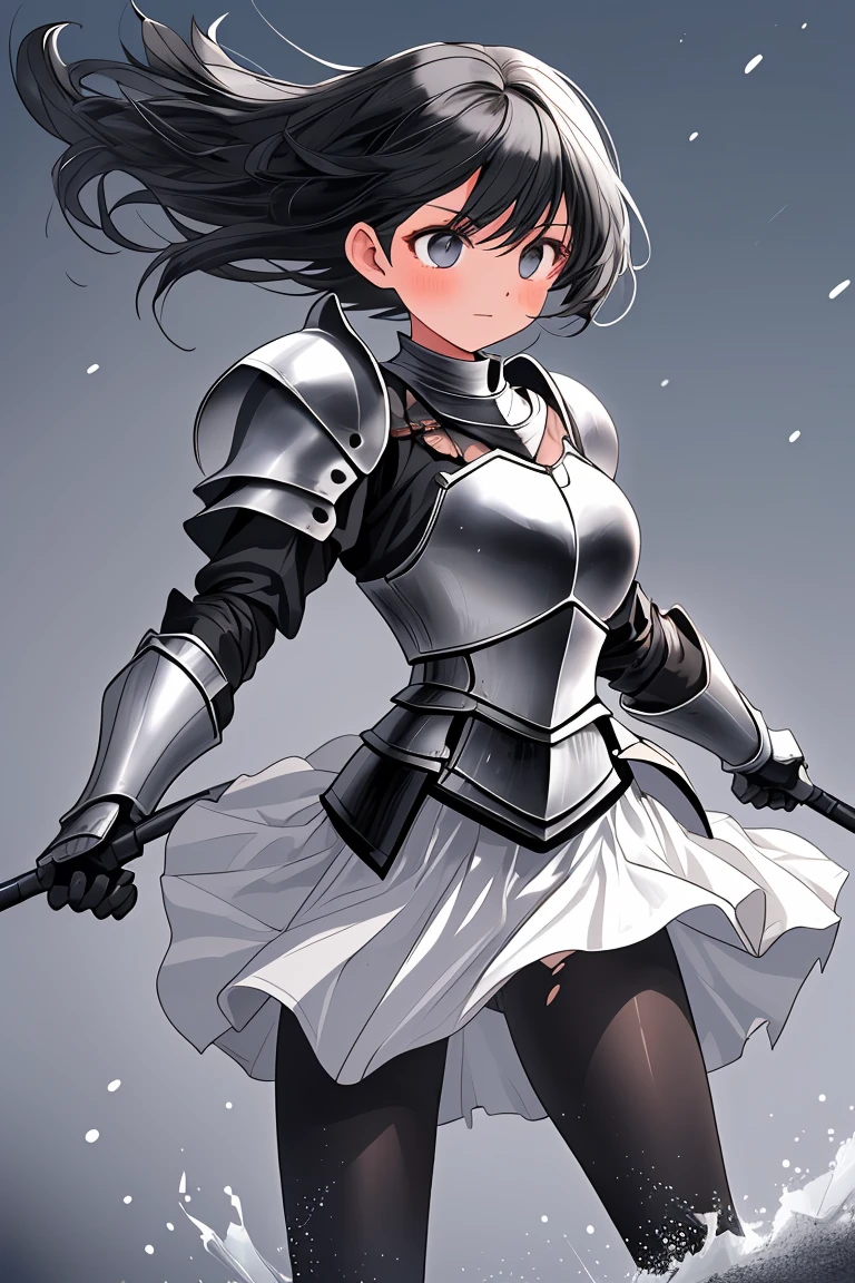 female knight　Black Hair　armor　Torn white skirt　White underwear　Black Pantyhose　battlefield