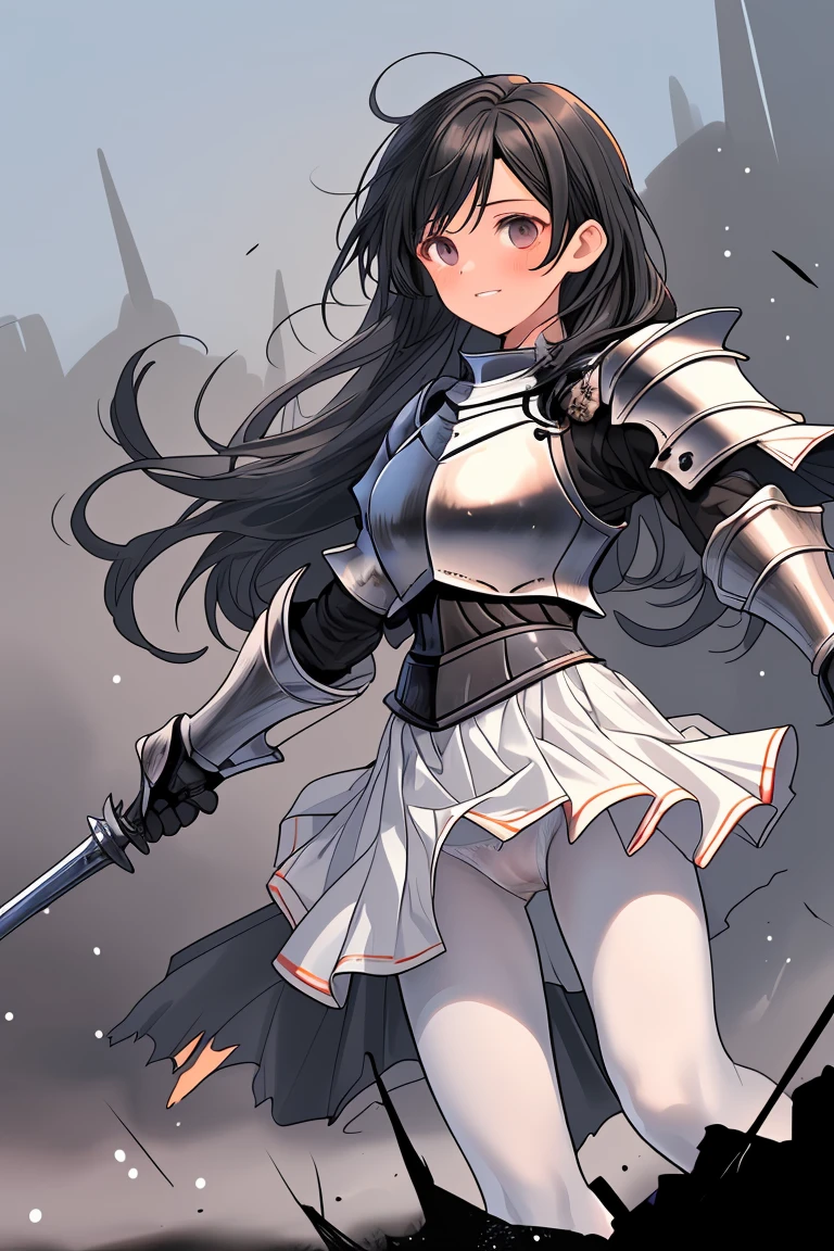 female knight Black Hair armor Torn white skirt White underwear Black Pantyhose battlefield