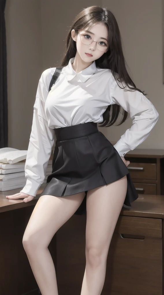 ulzzang-6500-v1.1, (RAW photos:1.2), (Reality:1.4), Beautiful and delicate girl, Very detailed eyes and face, Beautiful and delicate eyes, ridiculous, incredibly ridiculous, Huge file size, Very detailed, high resolution, Very detailed, best quality, masterpiece, ((Fashionable clothes in various colors)), illustration, Very detailed, CG, Unite, 8k wallpaper, Astonishing, Fine details, masterpiece ,best quality, Very detailed CG uniform 8k wallpaper, There is light on the face, light, 1 Girl, 20 years old, Long white hair, Side splits, (Large Breasts), (No)), (Glasses), ((Dynamic poses))), ((Sexy pose))), (Camel toe), (half), (White pantyhose)), ((Black hip skirt)),Open your legs,Sitting on the bed,Knee bending,Pull up your skirt with both hands,Facing the camera,Crotch-revealing underwear