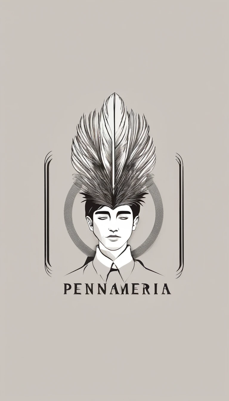 A minimal, modern, simple, cinematic logo design e of a boy with a head full of feathers for the brand “Penamemoria" .