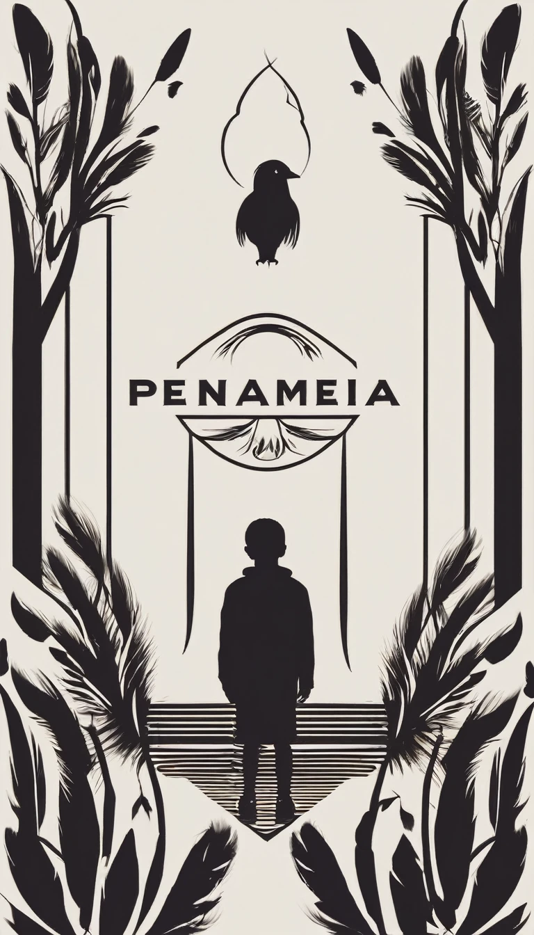 A minimal, modern, simple, cinematic logo design e of a boy with a head full of feathers for the brand “Penamemoria" .