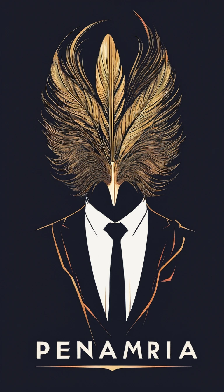 A minimal, modern, simple, cinematic logo design e of a boy with a head full of feathers for the brand “Penamemoria" .