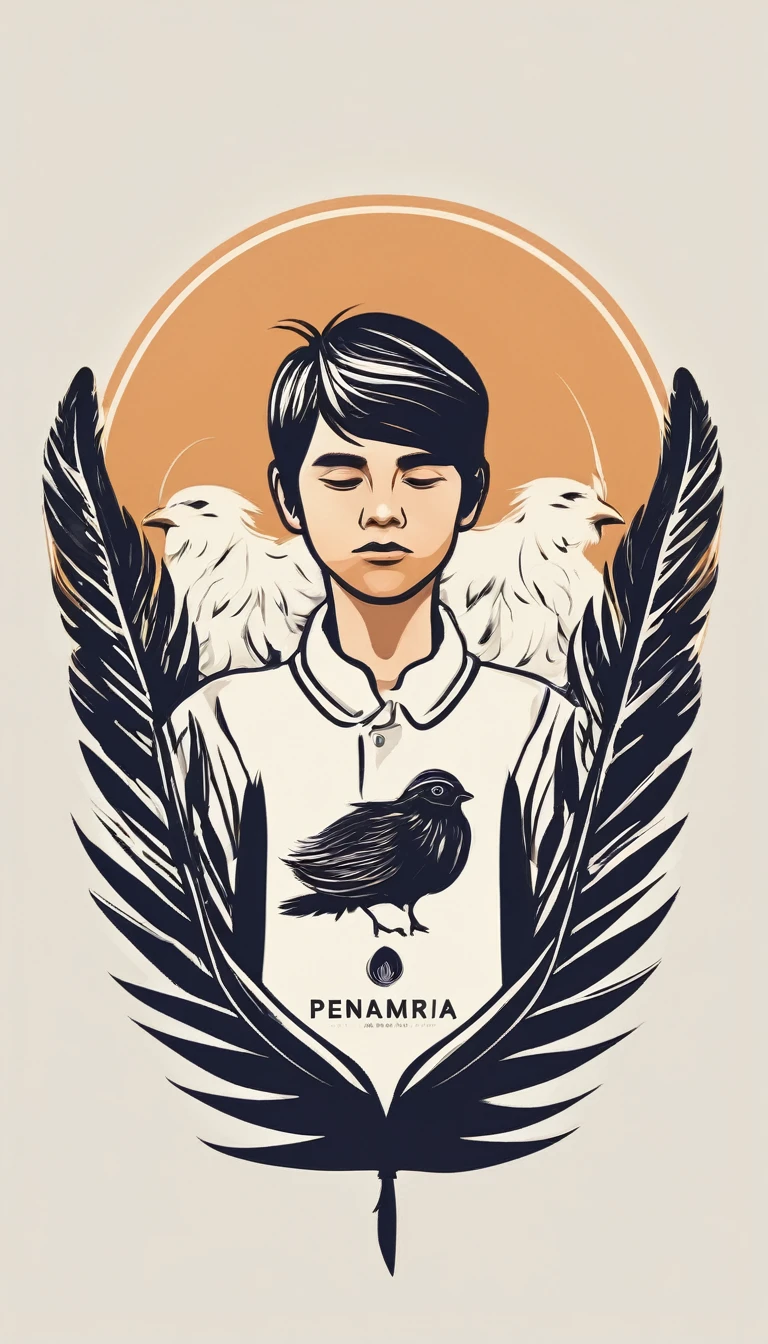A minimal, modern, simple, cinematic logo design e of a boy with a head full of feathers for the brand “Penamemoria" .