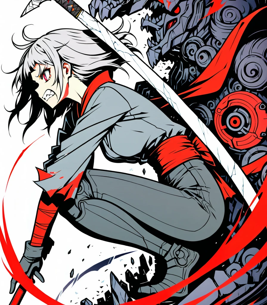 extremely detailed 8K CG, ultra-detailed:1.3, ultra delicate and detailed face:1.3, (absurdres, texture, masterpiece), pixiv contest winner, by Posuka Demizu, from side, BREAK Her body and face are facing directly to the left., full body:1.3, dynamic manga-style illustration of the cyborg samurai girl is full of tension, with sharp eyes and gritted teeth, BREAK she holds her sword and faces to the left. The world is dark and full of passion, the color scheme is blood red and gray, she's bending forward and glaring, her kimono torn in places, exposing her mechanical body.