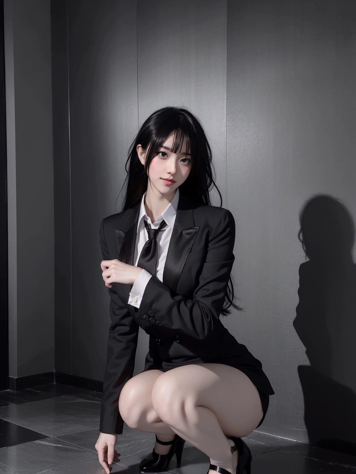A sultry and intimate portrait of a woman wearing a dark red lingerie and panty is visible,from below, upper-class, elite secretary in a business shirt, , Wear high-quality high heels , Girl in a shirt, wearing a business suit, wearing a business suit,( squatting),Businesswoman, Business Attire, Wearing a black business suit, Wear a shirt and skirt, Wearing a business suit woman, business suit, business attire, RAW Photos, (8K, Highest quality, masterpiece:1.2), (Intricate details:1.4), (Photorealistic:1.4), Octane Rendering, Complex 3D rendering with ultra-detail, Studio Soft Light , Rim Light, Vivid details, Super Detail, Realistic skin texture, Detailed aspect, Beautiful details in the eyes, Highly detailed CG Unity 16k wallpaper, compensate, (Detailed Background:1.2), Exposed panty,WhiteRealStockings