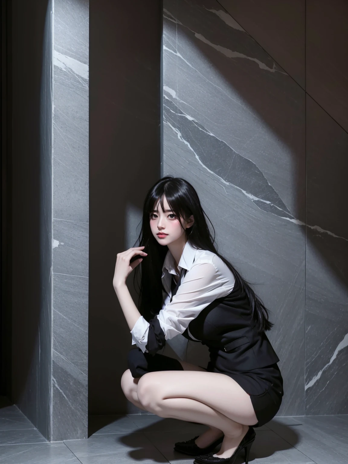 A sultry and intimate portrait of a woman wearing a dark red lingerie and panty is visible,from below, upper-class, elite secretary in a business shirt, , Wear high-quality high heels , Girl in a shirt, wearing a business suit, wearing a business suit,( squatting),Businesswoman, Business Attire, Wearing a black business suit, Wear a shirt and skirt, Wearing a business suit woman, business suit, business attire, RAW Photos, (8K, Highest quality, masterpiece:1.2), (Intricate details:1.4), (Photorealistic:1.4), Octane Rendering, Complex 3D rendering with ultra-detail, Studio Soft Light , Rim Light, Vivid details, Super Detail, Realistic skin texture, Detailed aspect, Beautiful details in the eyes, Highly detailed CG Unity 16k wallpaper, compensate, (Detailed Background:1.2), Exposed panty,WhiteRealStockings