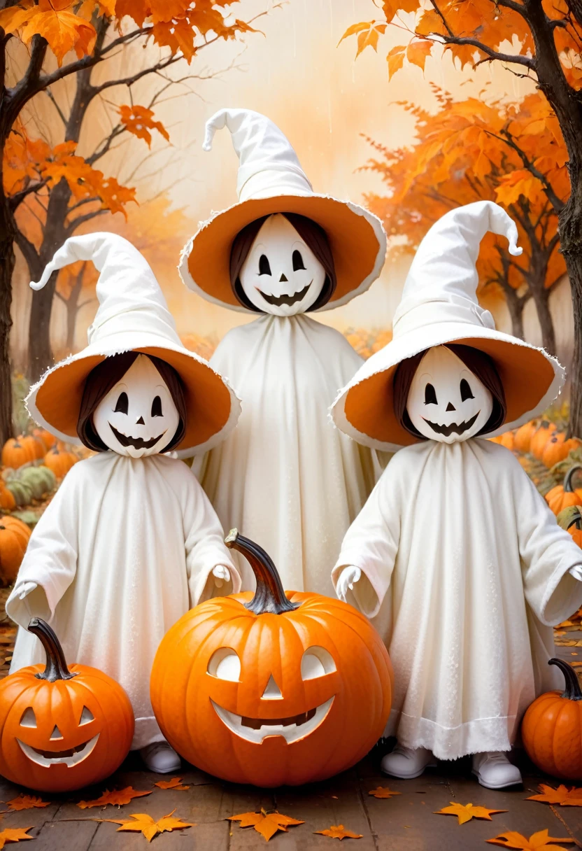 Three smiling ghostly figures with white hats and orange pumpkins. A textured, autumnal background with splashes of orange and brown. Warm tones of orange and brown, with a soft, earthy feel. H