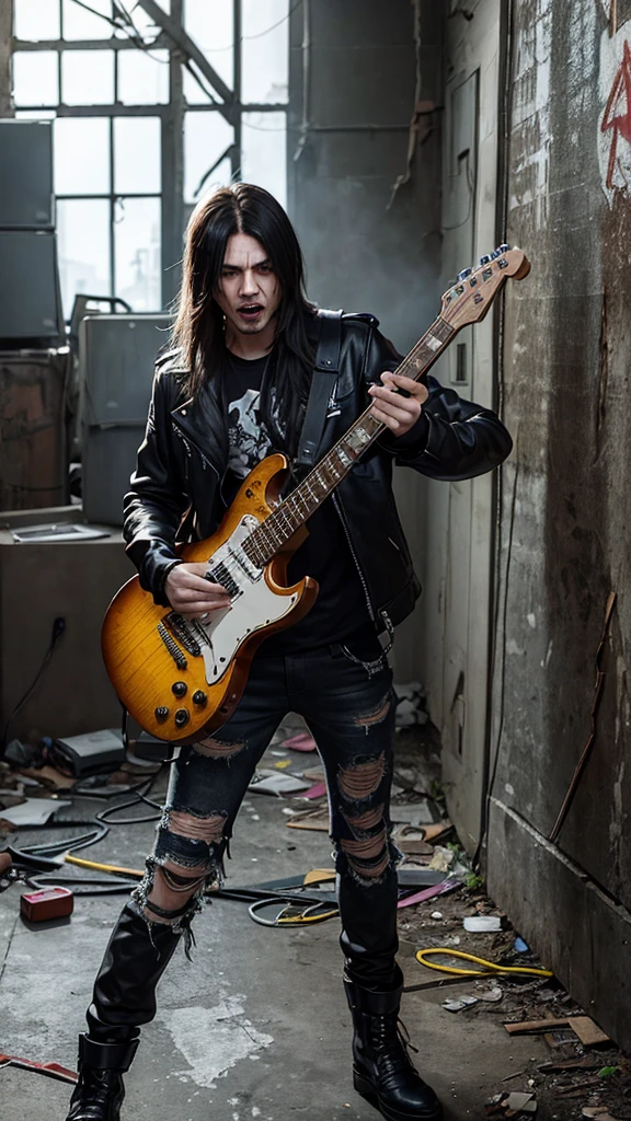 Capture a badass metal guy rocking out on his electric guitar in an abandoned building. He's dressed in classic metal attire—black leather jacket, band t-shirt, ripped jeans, and combat boots, with long hair and intense expression. The setting is a dilapidated, graffiti-covered building with broken windows and exposed brickwork, creating a gritty and raw atmosphere. The contrast between his powerful performance and the decayed surroundings should highlight the rebellious and unrestrained spirit of metal music."

