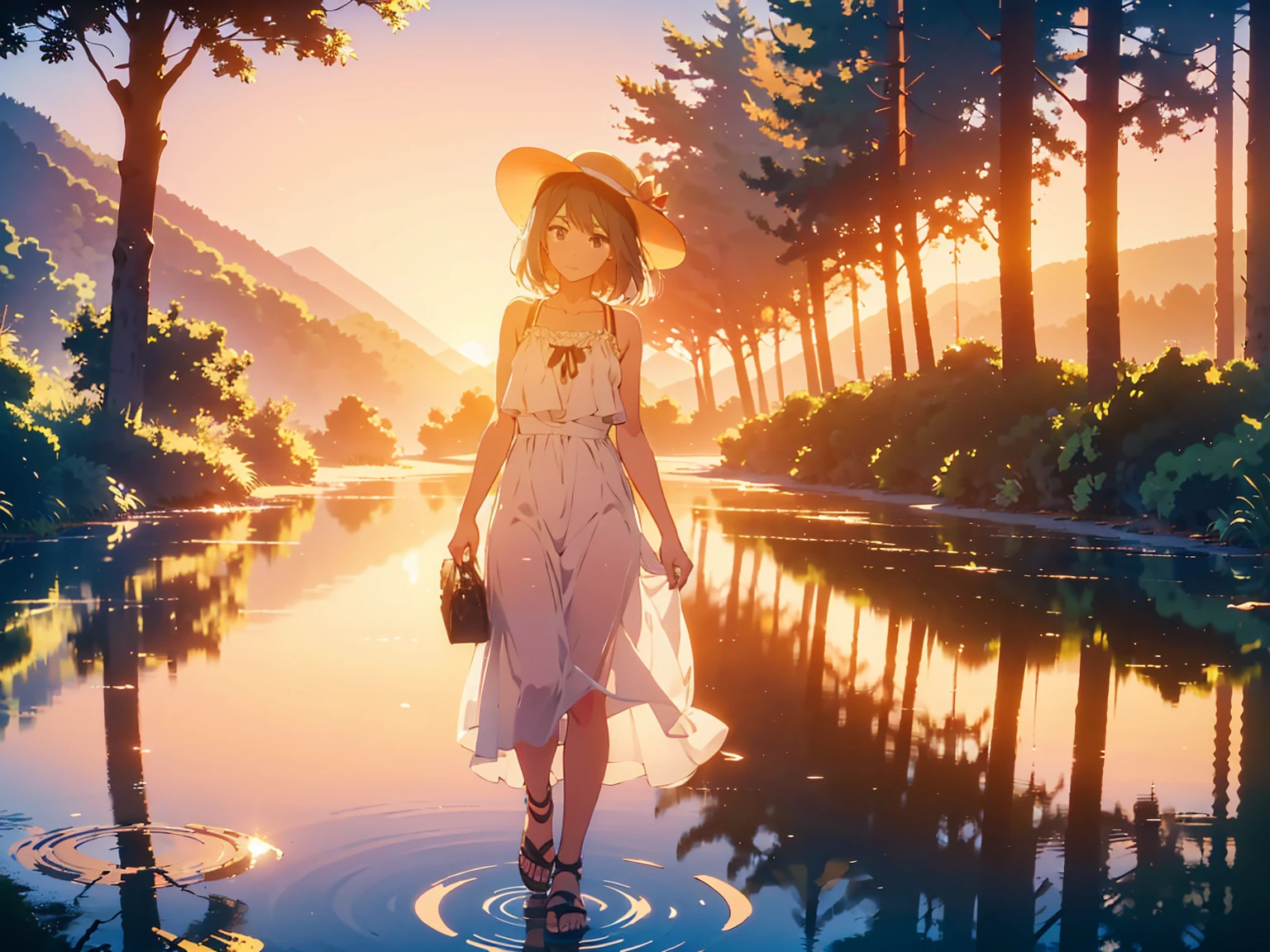 Photomontage art of a girl,landscape photography shot with Canon EOS M6 Mark II with Canon EF-M 32mm f-1.4,portrait photograph shot on Fujifilm Acros II,1girl, Sun hat, Beach sandals,looking at another,glitch art,revolve round ,circle,dusk, gradient sky,horizon,(mountainous horizon:1.1),orange sky, sunlight, sunrise, sunset,(tree:1.3),(Sunset reflected in a puddle:1.4),(in the forest:1.5),(puddle:1.3), after rain,white frills chiffon sleeveless tops, white tulle maxi skirt dress,mermaid line, wicker basket bag,aerial view,smiling